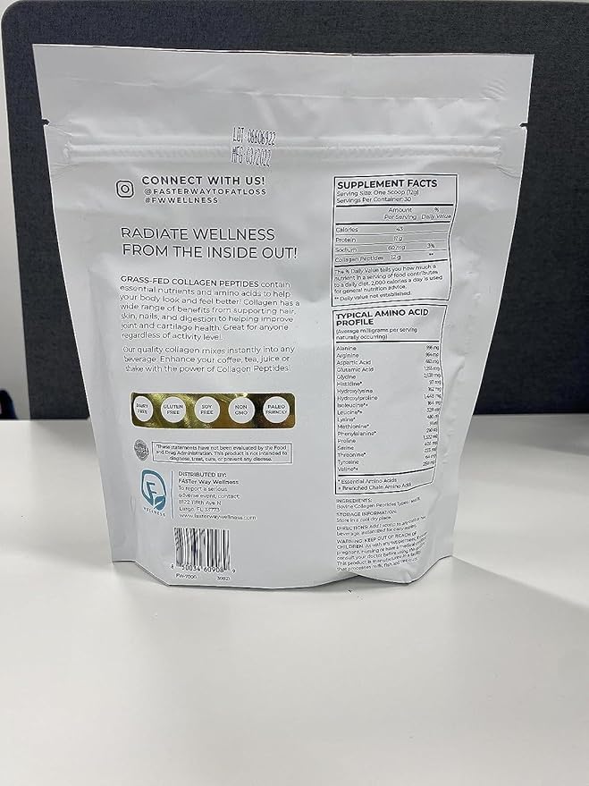 Faster Way - Collagen Peptides - 12g Hydrolyzed Collagen + 11g Protein Per Serving - Hair, Skin & Nails - Amino Acids - Grass-Fed - Sugar, Gluten & Dairy Free - Non-GMO -Unflavored Powder -30 Servings