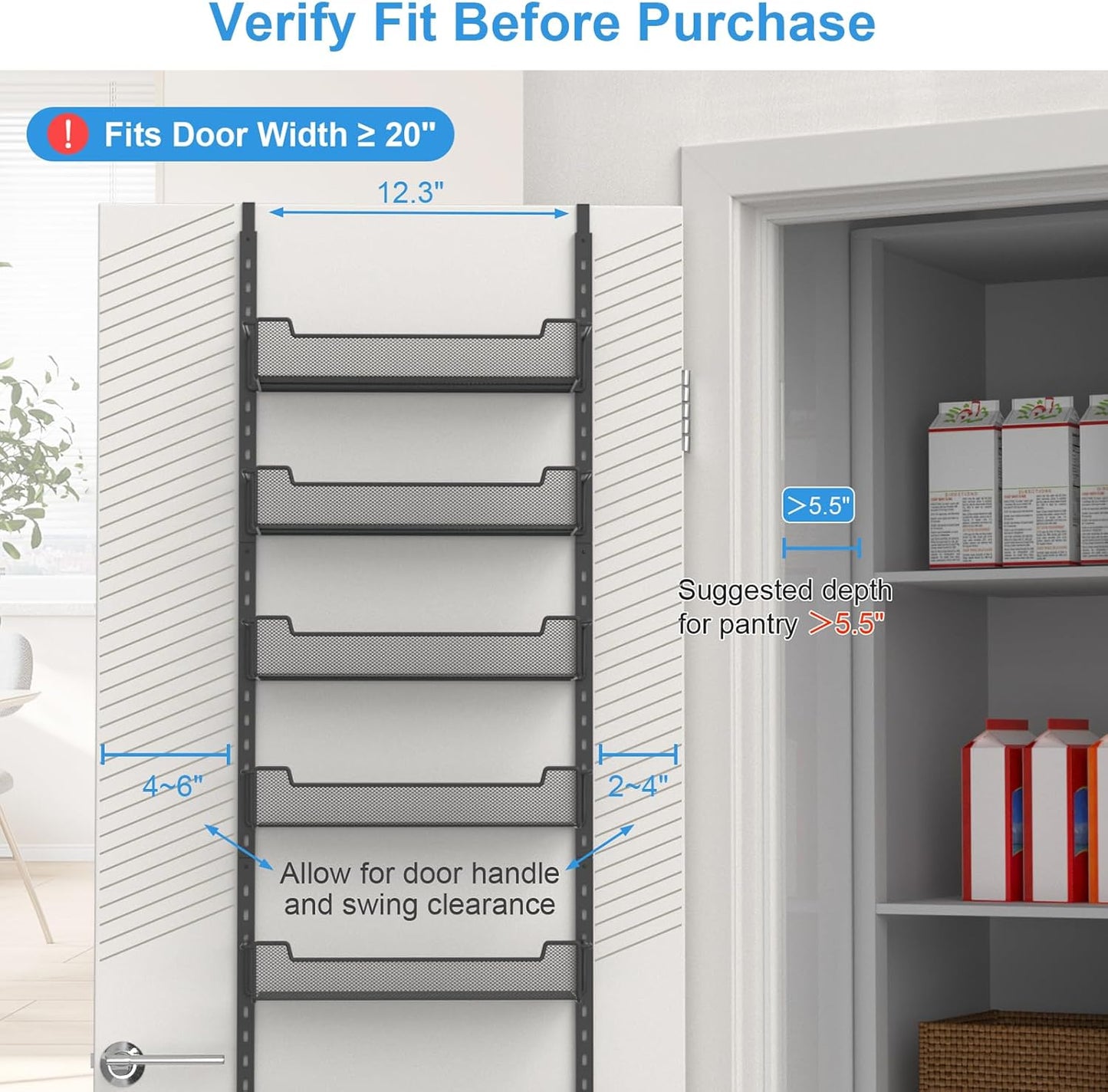 12.3" W Narrow Over the Door Pantry Organizer, 8-Tier Over the Door Organizer with Adjustable Basket, Pantry Door Organization for Pantry Kitchen Storage Room Spice Rack, Black