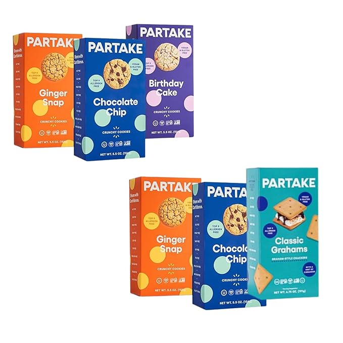 Partake Gluten Free Crunchy Cookies Variety Pack (Chocolate Chip, Ginger Snap, Classic Graham Cracker) - Vegan - Free From the Top 9 Allergens Including Dairy, Wheat, Soy, Eggs, & Peanuts - Non GMO - Safe School & Office Snack (3 Pack, 5.5oz Boxes)