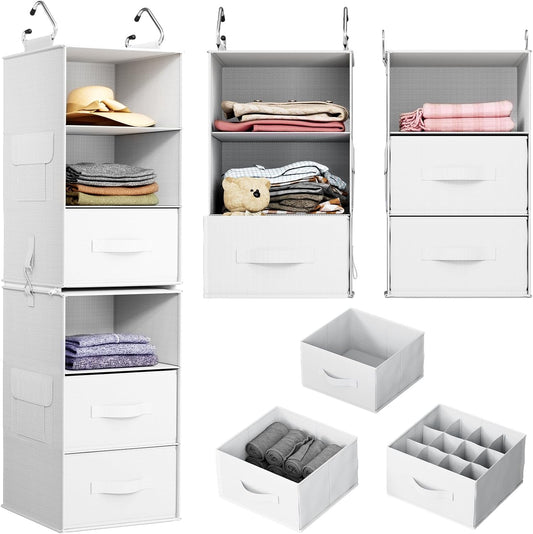 Pipishell 6-Shelf Hanging Closet Organizer, Hanging Shelves with 2 Separable 3-Tier Shelves, Closet Shelves Organizer with 3 Removable Drawers for Bedroom, Dorm Room, Camper and Nursery (White)