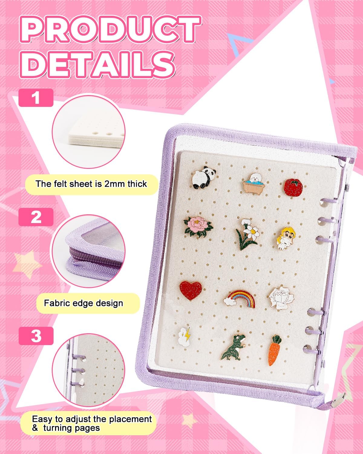 UCEC Enamel Pin Display Book & 50 PCS Pin Backs, A5 Album Pin Collection Binder for Brooch Pins, Purple 6-Page Zippered Pinfolio Trading Organizer, Enamel Pin Storage Display Book, Collectors Album