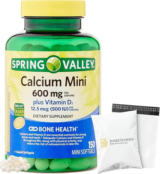Spring Valley Calcium 600 mg Plus Vitamin D3 Dietary Supplement, 150 Mini Softgels | Small Calcium Pills Easy to Swallow | Calcium Softgels |