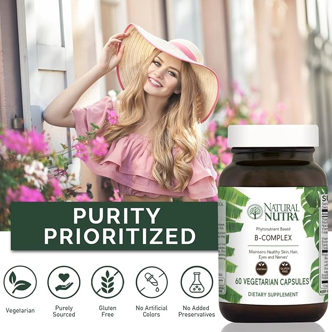 Natural Nutra Vitamin B Complex with Niacin, Folate, Thiamin, Biotin, Supports Nervous System Health, Promotes Metabolism, Skin, Eyes and Hair Health, Whole Food Supplement, 60 Vegetarian Capsules