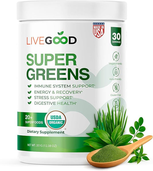 LiveGood Super Greens Powder Organic Superfood with Wheat Grass Powder, Daily Superfood Powder for Immune Support, Energy and Detox, Green Juice Powder Supplement (30 Servings), 12.38 Oz