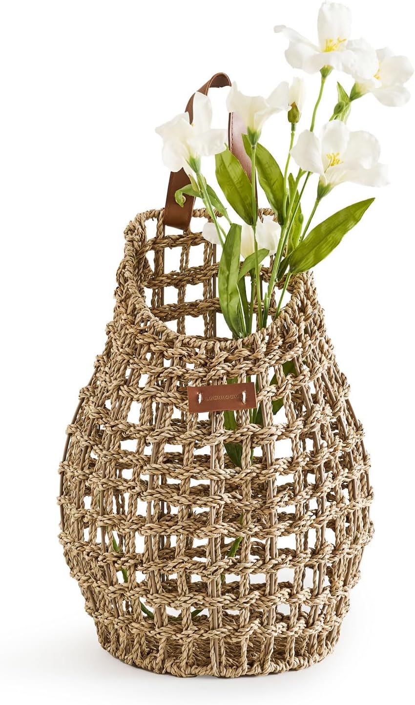 Woven Front Door Basket Water Hyacinth Wall Hanging Basket Decorative Boho Mounted Organizer for Dried Flower Plants Storage Basket for Garden, Home, and Farmhouse Décor (B_Seagrass)