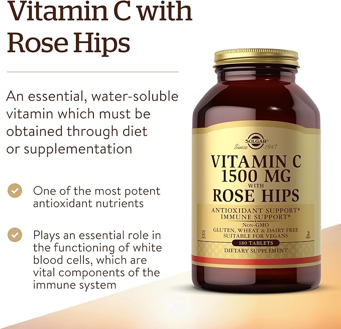 Solgar Vitamin C 1500 mg with Rose Hips, 180 Tablets - Antioxidant & Immune Support - Overall Health - Supports Healthy Skin & Joints - Non GMO, Vegan, Gluten Free, Dairy Free, Kosher - 180 Servings