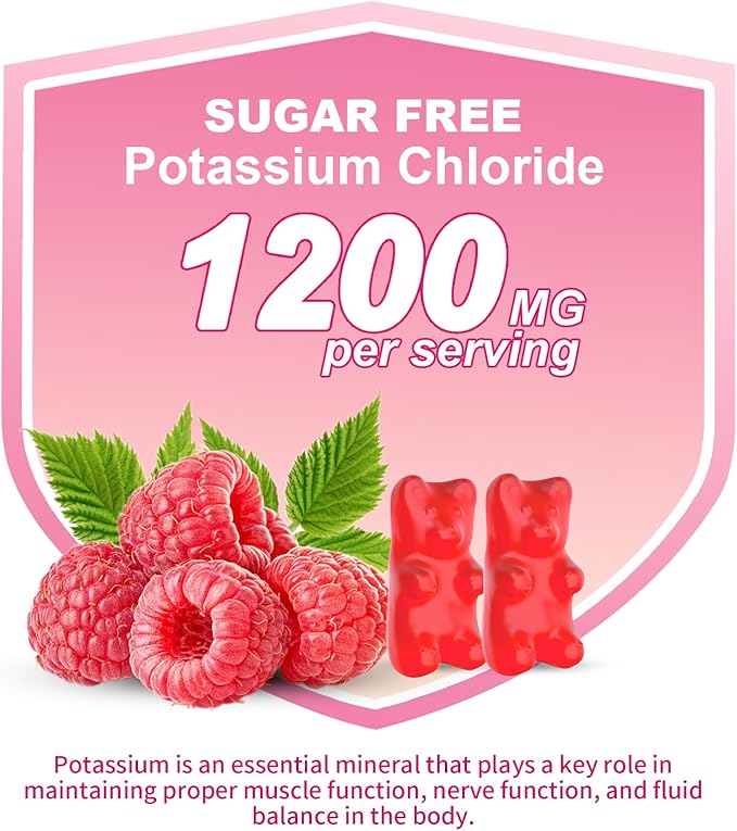 Potassium Gummies, Potassium Chloride Gummies 1200mg for Adults, Sugar-Free Potassium Supplement Support Leg Cramps & Electrolyte Balance, Raspberry Flavor, 60 Count