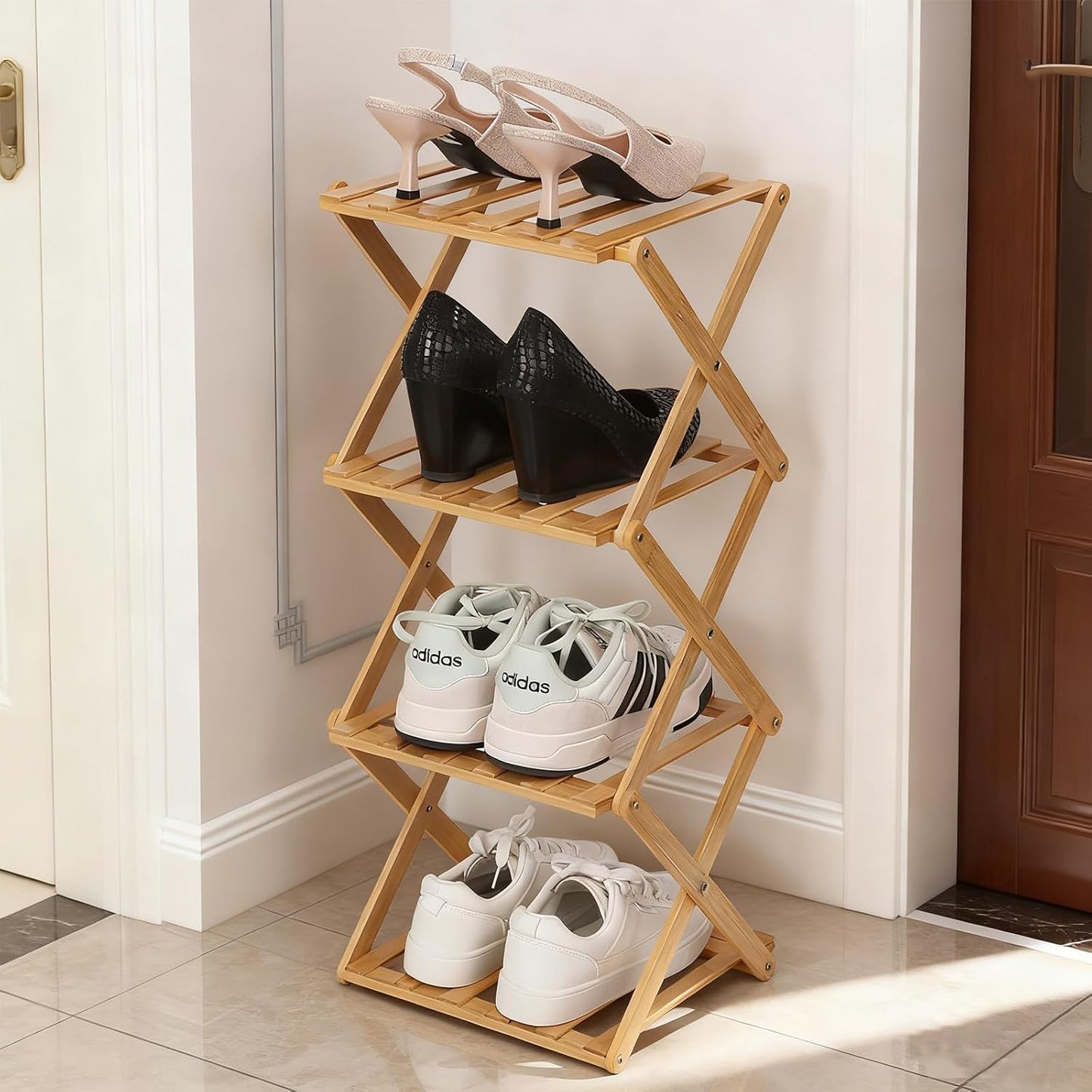 Bamboo Shoe Rack 4 Tier Foldable Shoe Rack Vertical Bamboo Shoe Organizer Free Standing Shelf for Entryway, Closet, Bedroom, Wood Color