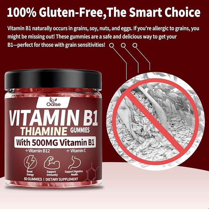 Thiamine Vitamin B1 Gummies - 500g Vegan Sugar Free Thiamine Supplement, with Natural Mixed Berries Flavor for Adults & Kids (60 Counts)
