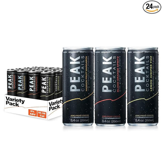 Peak Cocktails Non-Alcoholic Cocktail | Adaptogens, Nootropics, Superfoods for Recovery, Calm, Sleep | Ashwagandha, Tart Cherry, L-Theanine | Mixologist-crafted | 8.4 oz, 24-Pack Variety Pack