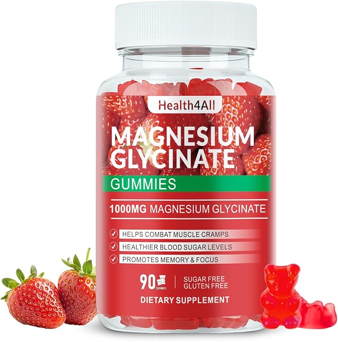 Magnesium Glycinate Gummies 1000mg, High Absorption Sugar Free Magnesium Potassium Supplement for Relaxation, Stress Relief, and Sleep Support for Adults & Kids - 90 Strawberry Gummies