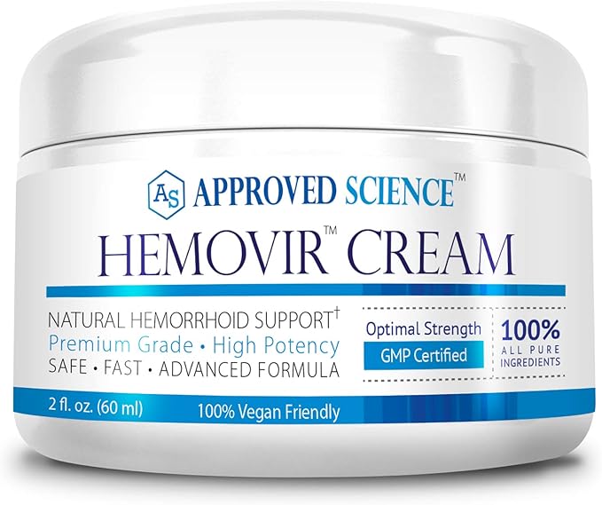 Approved Science Hemovir Cream - Hemorrhoid Support - 2 Fl Oz - Stops Itching and Optimizes Blood Flow - Restores Damaged Skin Tissue - Non GMO - Made in The USA