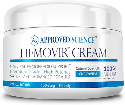 Approved Science Hemovir Cream - Hemorrhoid Support - 2 Fl Oz - Stops Itching and Optimizes Blood Flow - Restores Damaged Skin Tissue - Non GMO - Made in The USA