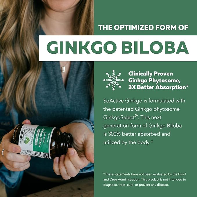 SoActive Ginkgo Biloba with GinkgoSelect® Phytosome | Clinically Studied Enhanced Absorption for Brain, Heart & Memory Support – 180 mg – Helps Maintain Circulation & Cognitive Health (60 Capsules)