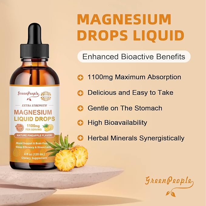 Magnesium Glycinate Liquid Drop - 17-in-1 4Fl. Oz Triple Magnesium Complex Supplement with Glycinate 400mg & Citrate 500mg Taurate/L-Theanine for Calm Mood/Muscle/Sleep,Pineapple Flavor