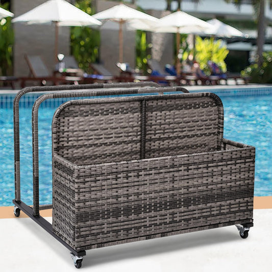 Poolside Float Storage Organizer,Pool Toy Storage Holder with Wicker Basket Outdoor Pool Float Holder Rack Rolling Poolside Caddy Cart Raft Rack for Pool Noodle Equipment Mixed Grey