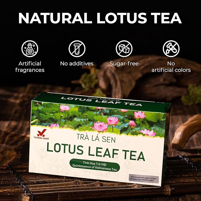 VUONGMART Dried Lotus Leaf Tea, 100% Hand Pick, Stevia, Jiaogulan, Jasmine, Organic Herbal Tea, 30 Tea Bags, Gluten Free, Dairy Free, Sugar Free & Natural, Energy Boost & Health Support
