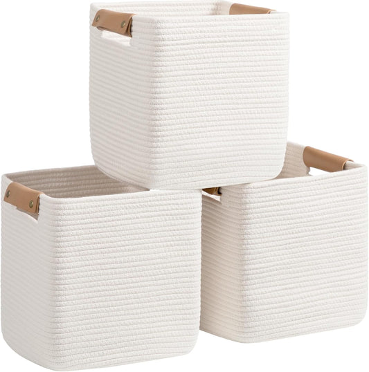 danpinera Set of 3 11 Inch Storage Baskets, Cube Storage Bins, White Woven Baskets with Stable Leather Handles, Square Cotton Rope Bins for any Room, Easy to Recover