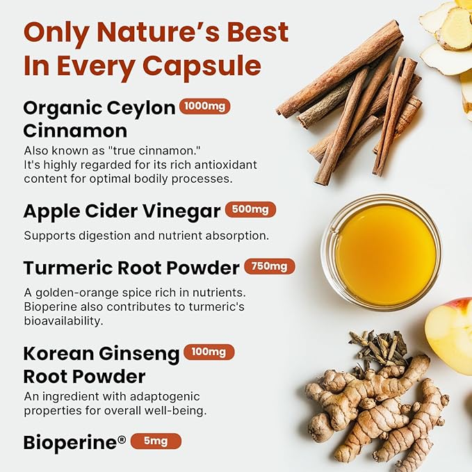 5-in-1 Ceylon Cinnamon Capsules 2355mg - Ceylon Cinnamon and Apple Cider Vinegar with Turmeric, Panax Ginseng, Cinnamon, and Bioperine, 60ct