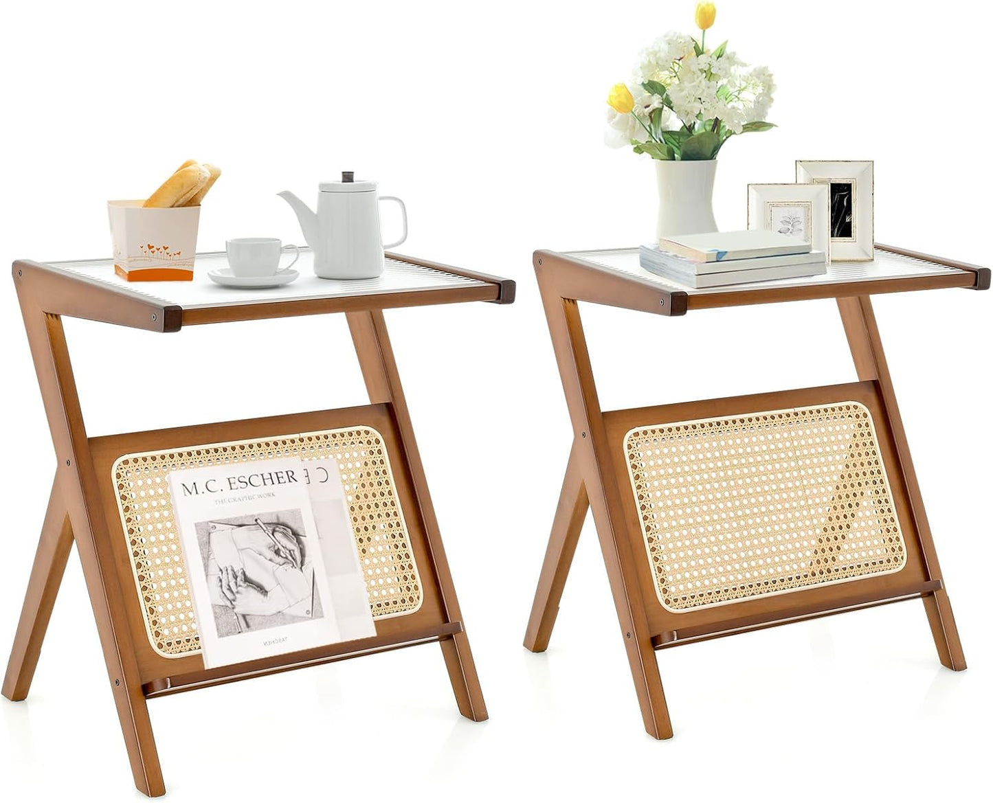 GOFLAME Rattan Side Table Set of 2, Z-Shaped End Table with Tempered Glass Top, Magazine Rack, Boho Night Stand, Small Coffee Table, Bamboo Accent Bedside Table for Living Room, Bedroom, Walnut