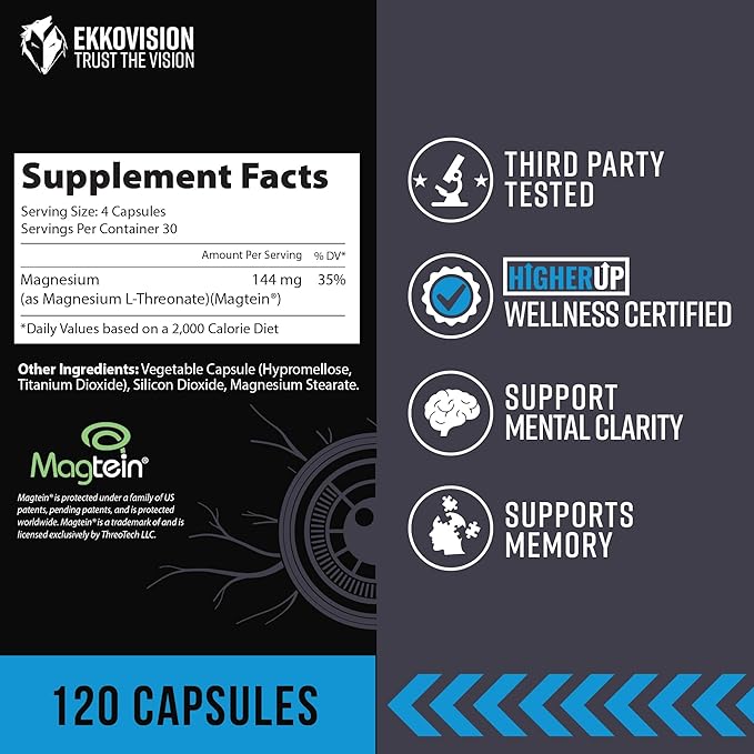 Magtein Magnesium L-Threonate, Memory & Cognitive Function Support, Magnesium Supplement with Essential Minerals for Men & Women, 2000 MG Per Serving, 120 Easy-to-Swallow Capsules