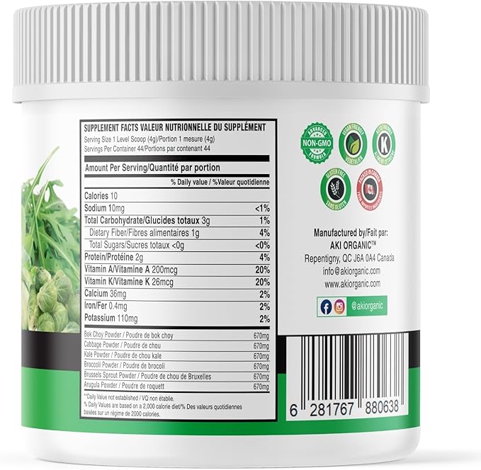 AKI Cruciferous Superfood Green Mix Powder - Made from Kale, Broccoli, Brussels Sprouts, Cabbage - Packed with Essential Phytonutrients & Vitamins ((5.3oz/150g))