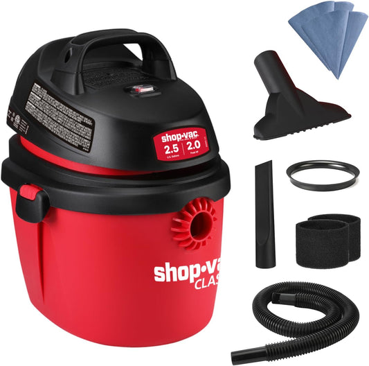 Shop-Vac 2.5 Gallon 2.0 Peak HP Wet/Dry Vacuum, Portable Compact Shop Vacuum with Top Handle, Wall Bracket & Attachments