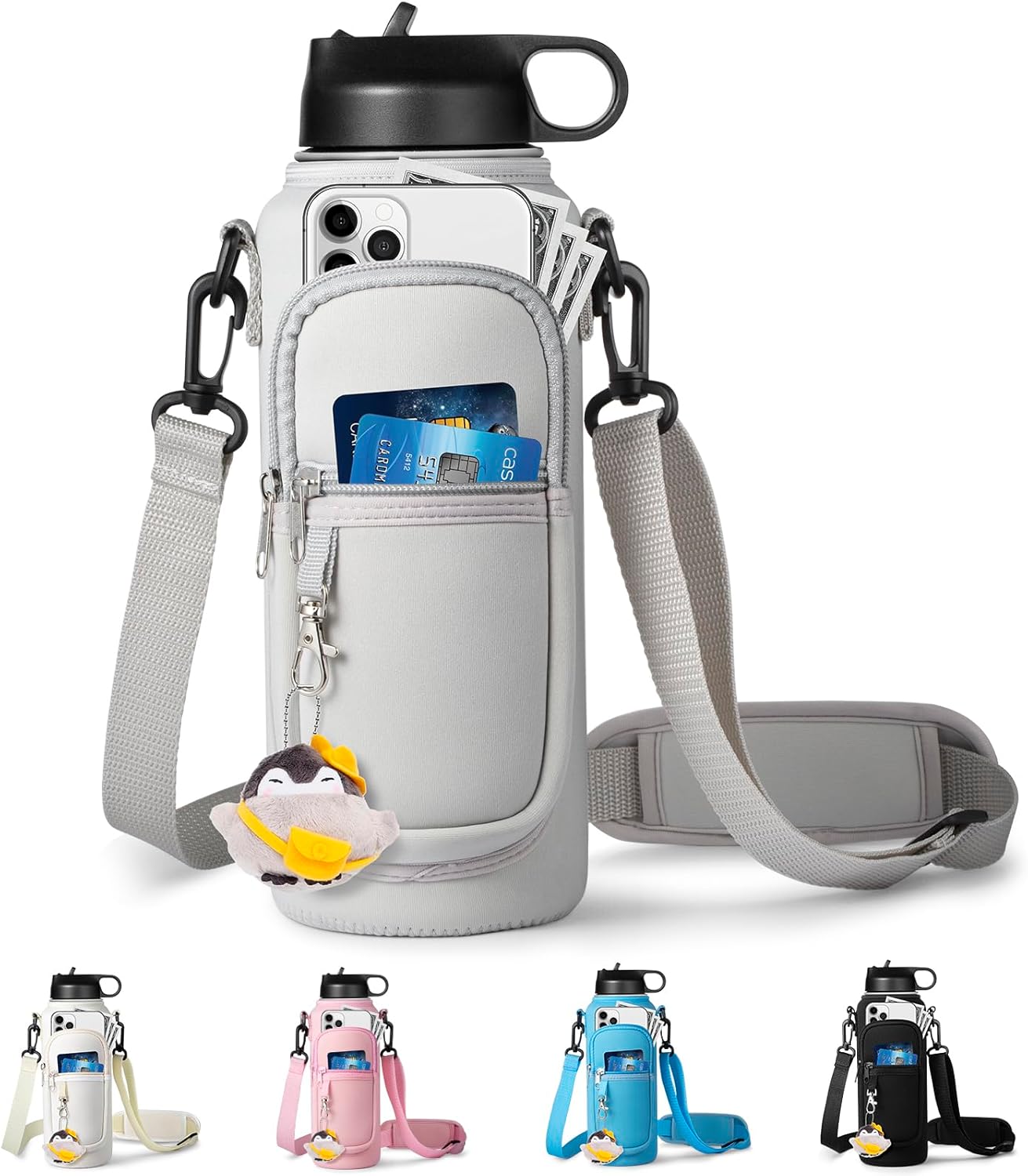 Water Bottle Holder with Strap for Hydroflask 32oz 40oz, Carrier Sling Bag with Phone Pocket Water Bottle Sleeve for Men Women Hiking Camping Travelling