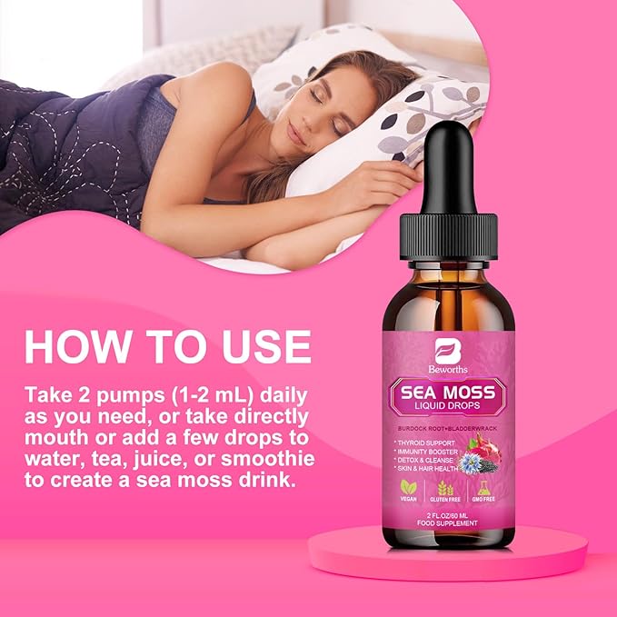 Sea Moss Liquid Drops - Black Seed Oil & Irish Sea Moss Gel with Burdock Root Bladderwrack, Elderberry, Spirulina, Seamoss Supplement for Energy Booster, Digestive Health - 4 Fl Oz, Vegan