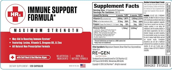 Re+Gen Nutrition Immune Support Supplement for Adults, Natural Capsules with Zinc, Vitamin C, L lysine Amino Acid & Oregano Oil for Strong Immunity Health in Men & Women, 120 Capsules