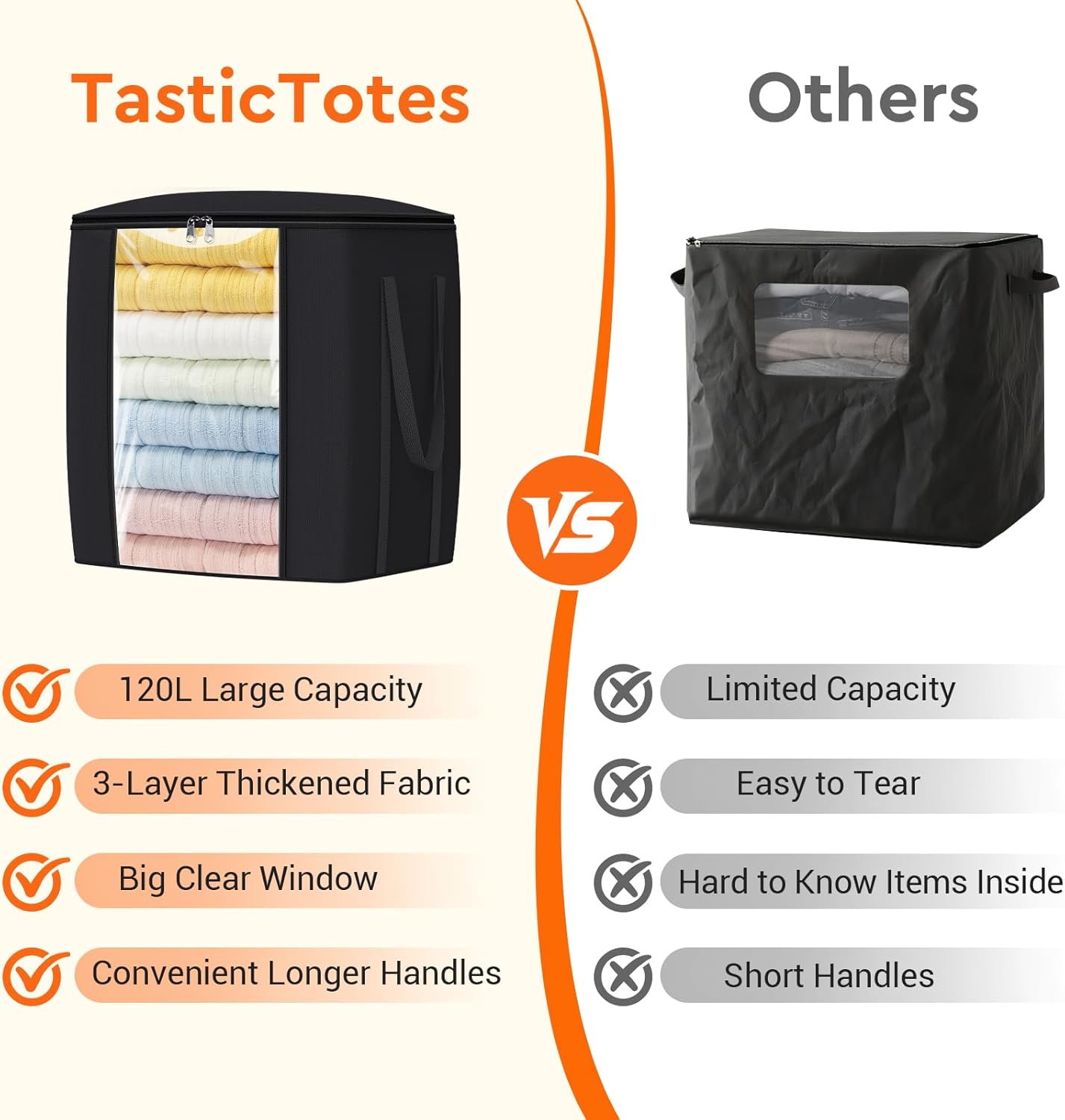 120L Extra Large Clothes Storage Bags, Foldable Blanket Storage and Organization, Thick Fabric Containers with Reinforced Handles & Zippers for Clothing, Comforters, Bedding, Black, 4 Pack