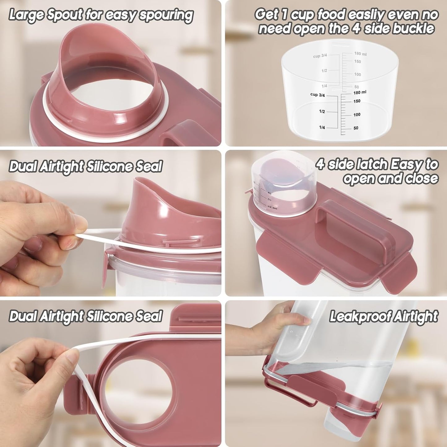 5-7Lbs Cat Dog Storage Container, Portable Pet Food Containers with Upgraded Large Spout and Cup, Small Animal Kibble Dispenser for Bird Seed, Oatmeal, Rice, Flour (1, Pink, 5L)