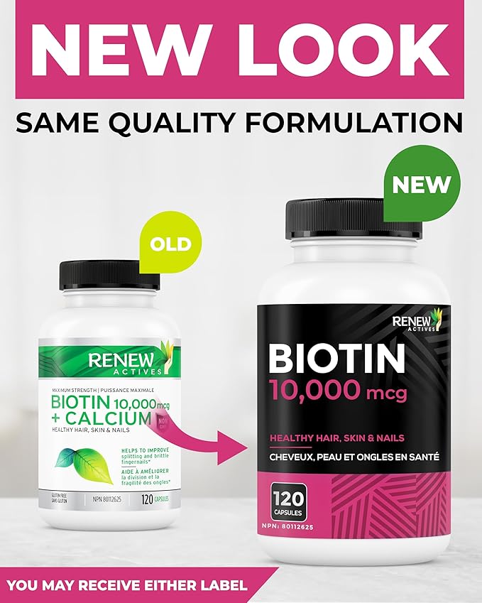 Renew Actives Biotin & Calcium 10000MCG per Serving – Supplements for Hair, Nail & Skin Care – Promotes Bone & Teeth Health – Helps Prevent Biotin Deficiency - Made in Canada – 120 Capsules