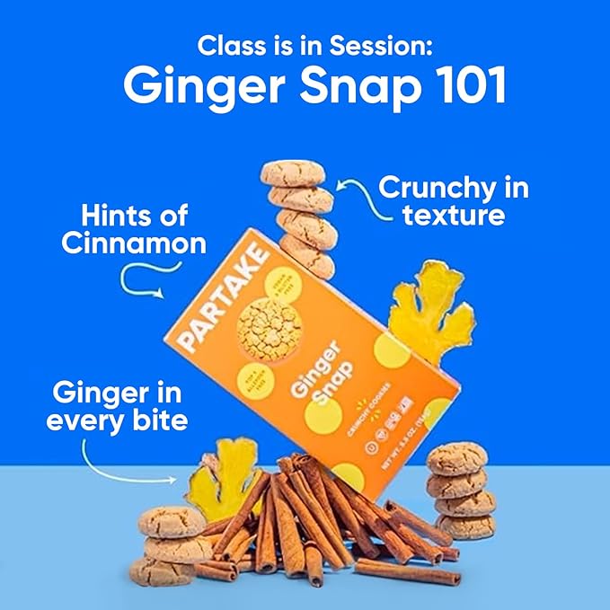 Partake Gluten Free Ginger Snap Crunchy Cookies - Vegan - Free From the Top 9 Allergens Including Dairy, Wheat, Soy, Eggs, & Peanuts - Non GMO - Safe School & Office Snack (6 Pack, 5.5oz Boxes)