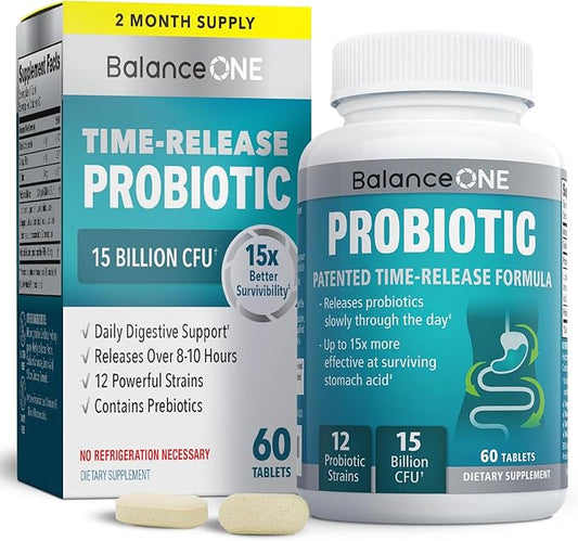 Balance ONE Probiotic for Women & Men – Time-Release Tablets for 15x Survivability – 12-Strain Formula with L. Plantarum & L. Acidophilus – Gut & Digestive Health Support – 60 Tablets (30-Day Supply)