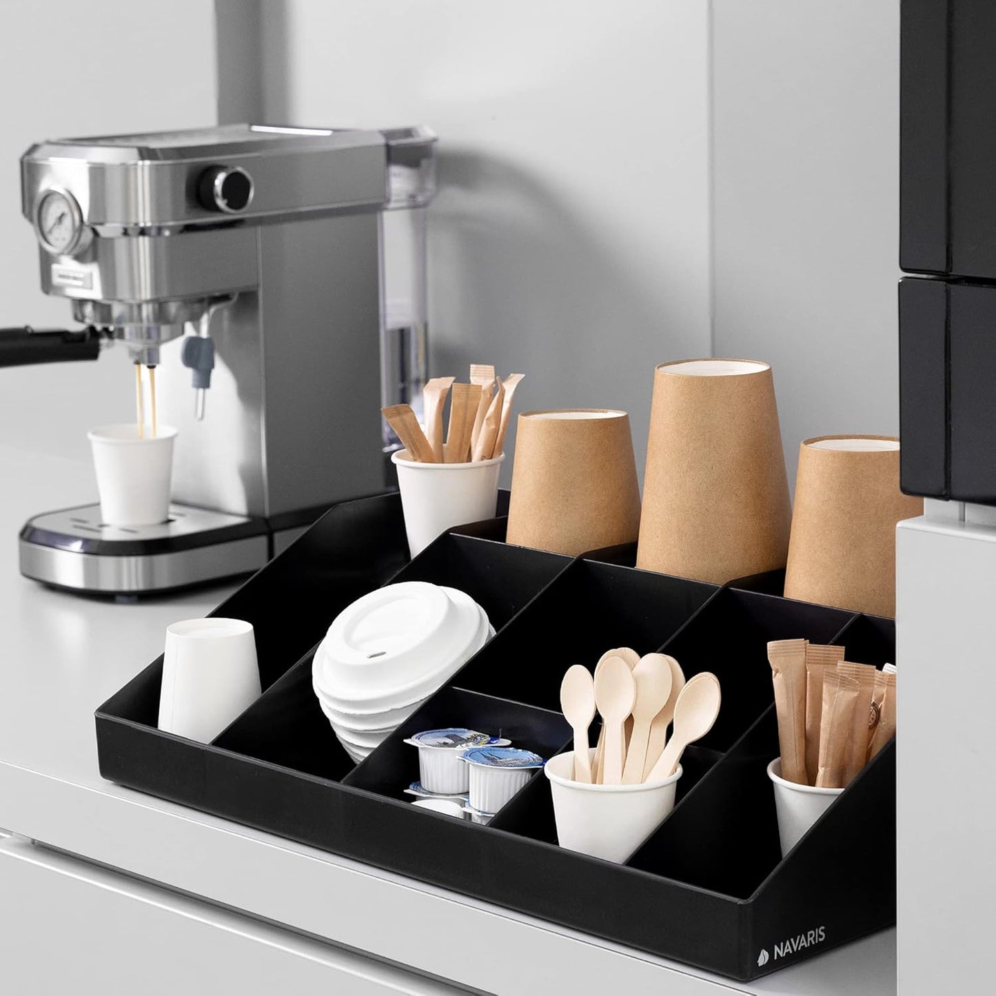 Navaris Coffee Station Organiser - 10 Compartment Coffee Bar Organiser for Office & Kitchen - Black