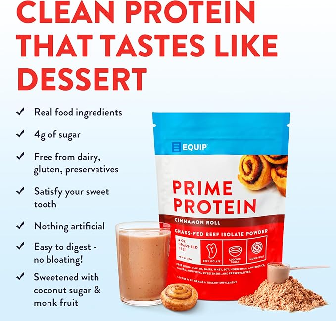 Equip Foods Prime Protein Powder | Clean, Grass Fed Beef Protein Isolate | Carnivore Protein Powder | Paleo, Keto Friendly | Gluten, Dairy Free | 30 Servings, Cinnamon Roll