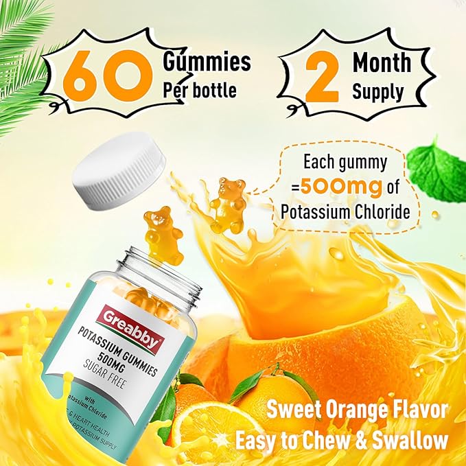 Potassium Gummies, Potassium Chloride for Adults, 60 Servings, Sugar-Free Potassium Supplement, Muscle Relief & Heart Health for Women Men, Electrolyte Balance, Efficient Potassium Supply