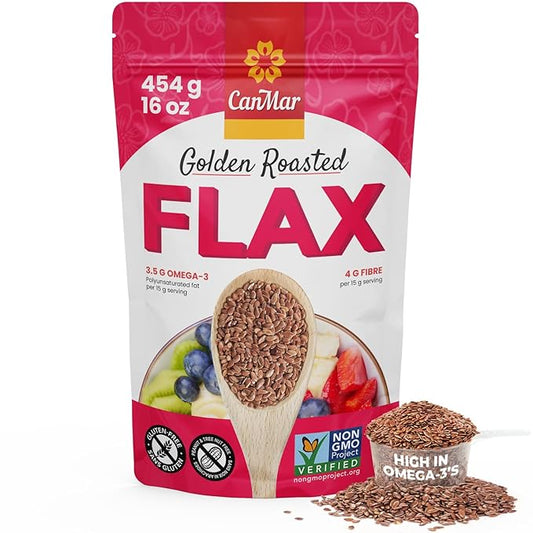 CanMar Golden Roasted Whole Flax Seeds 16 oz (1 lb), Non-GMO, Gluten Free & Vegan, Flaxseed with Omega-3, Fiber, Rich in ALA Fatty Acids and Lignans