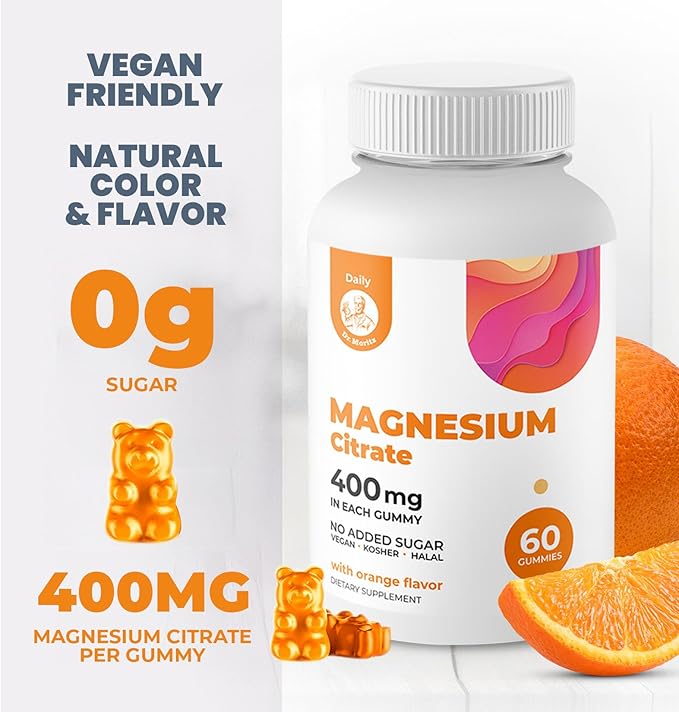 Magnesium Gummies Sugar-Free - Calm Magnesium Supplement for Children, Sugar-Free Magnesium Citrate Gummies for Kids & Adults 400mg (Orange Flavor-120 Count)