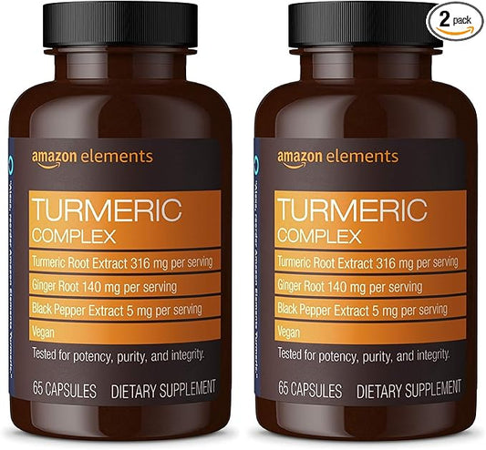 Amazon Elements Turmeric Complex, 316 mg Curcumin, 140 mg Ginger, 5 mg Black Pepper - Joint & Immune System, Healthy Inflammation Response - 65 Capsules (2 Month Supply) (Pack of 2)