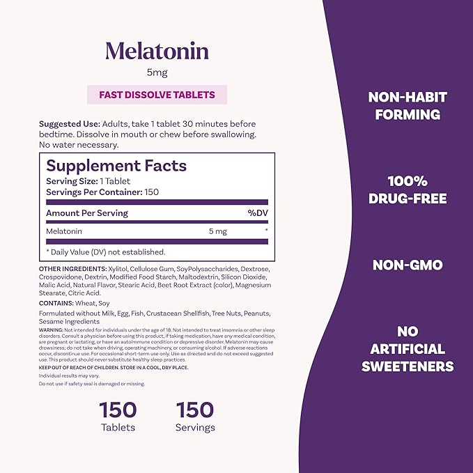 Natrol Melatonin 5mg Fast Dissolve Tablets, Sleep Support Supplements for Adults, Strawberry Flavor, 150 Tablets, Up to 150 Day Supply