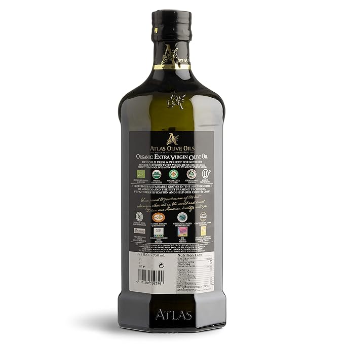 Atlas 750 mL Organic Cold Press Extra Virgin Olive Oil in Glass Bottle, Polyphenol Rich from Morocco | Newly Harvested Unprocessed from One Single Family Farm | Moroccan EVOO Trusted by Award-Winning Chefs