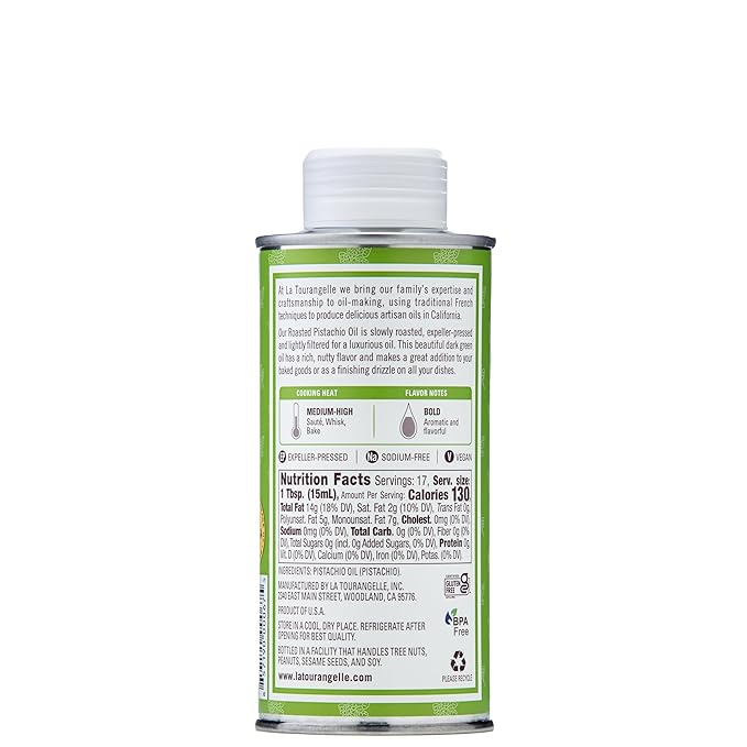 La Tourangelle, Roasted Pistachio Expeller-Pressed Oil for Cooking, Baking, and Beauty, Adds Flavor to Vinaigrettes, Sauces, Marinades, Green, 8.45 Fl Oz