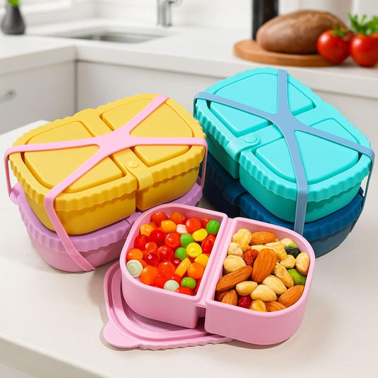 4 Pack Reusable Silicone Snack Containers with Lid, Strap, Spoon & Fork-2 Compartments Portable Mini Containers，Silicone Snack Storage Box for Picnic, Office, School(blue+green+pink+orange)