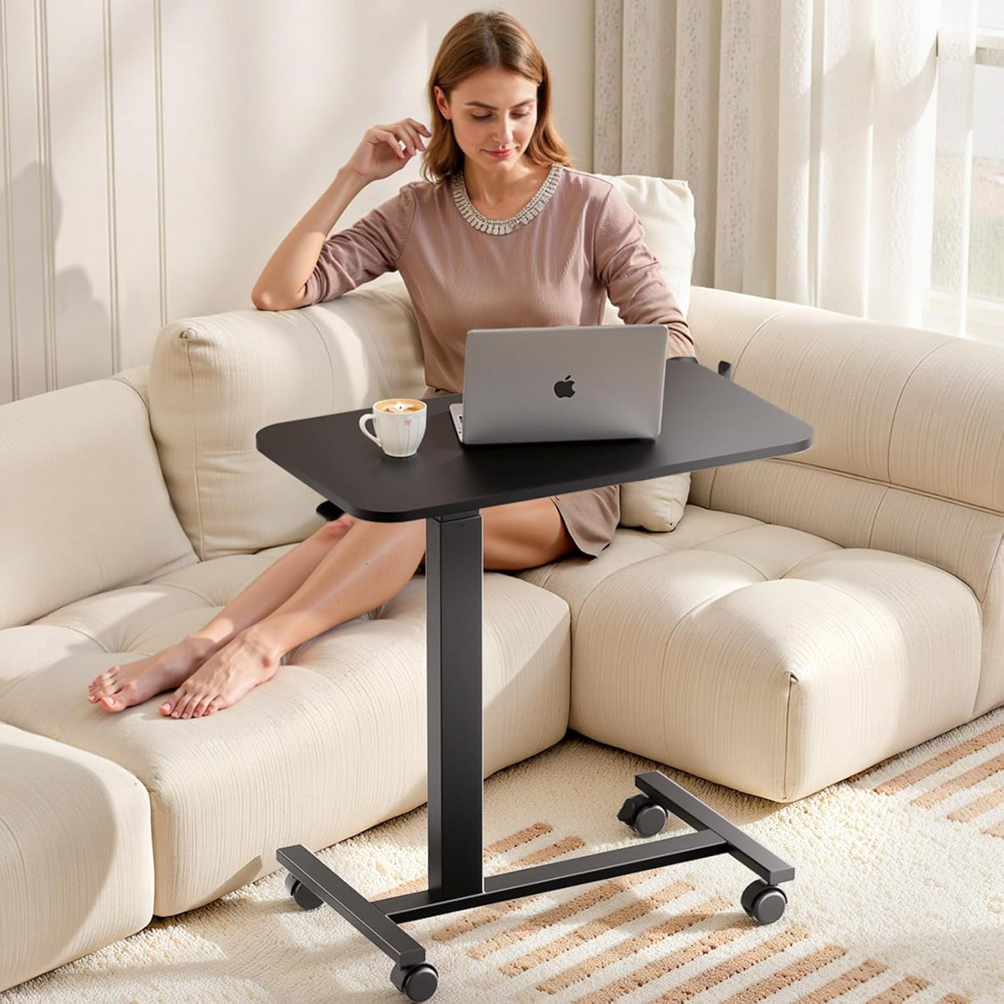 COMHOMA Adjustable Overbed Bedside Table with Lockable Wheels, Pneumatic Mobile Standing Laptop Desk, Small Standing Desk Portable Rolling Overbed Table Hospital Home Use(32" W x 18" D, Black)