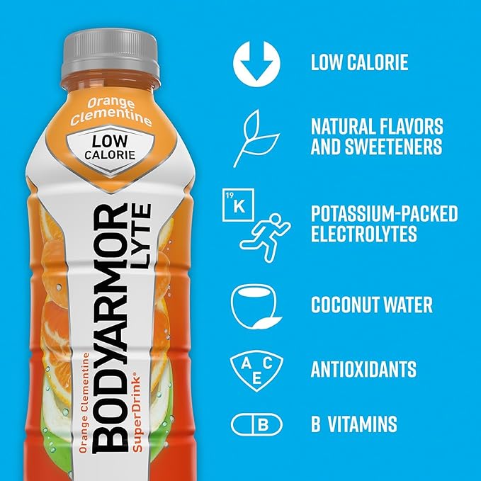 BODYARMOR LYTE Sports Drink Low-Calorie Sports Beverage, Orange Clementine - Orange Citrus, Coconut Water Hydration, Natural Flavors With Vitamins, Potassium-Packed Electrolytes, Perfect For Athletes, 16 Fl Oz (Pack of 12)