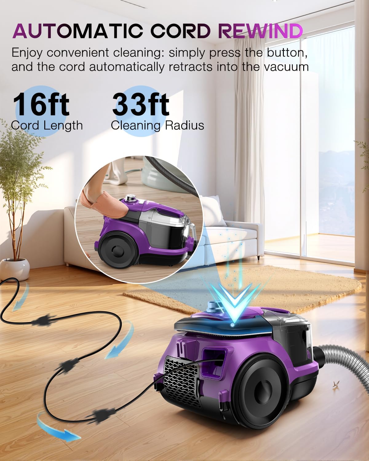 Zefiro Canister Vacuum Cleaner, Bagless Canister Vacuum for Home, Powerful Suction, Auto Cord Rewind, HEPA Filter, Corded Vacuum for Hard Floors, Carpet, Apartment/Rental Friendly(Purple&Gray)