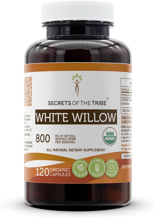 Secrets of the Tribe White Willow Capsules 800 mg USDA Organic White Willow (Salix Alba) Dried Bark (120 Capsules)