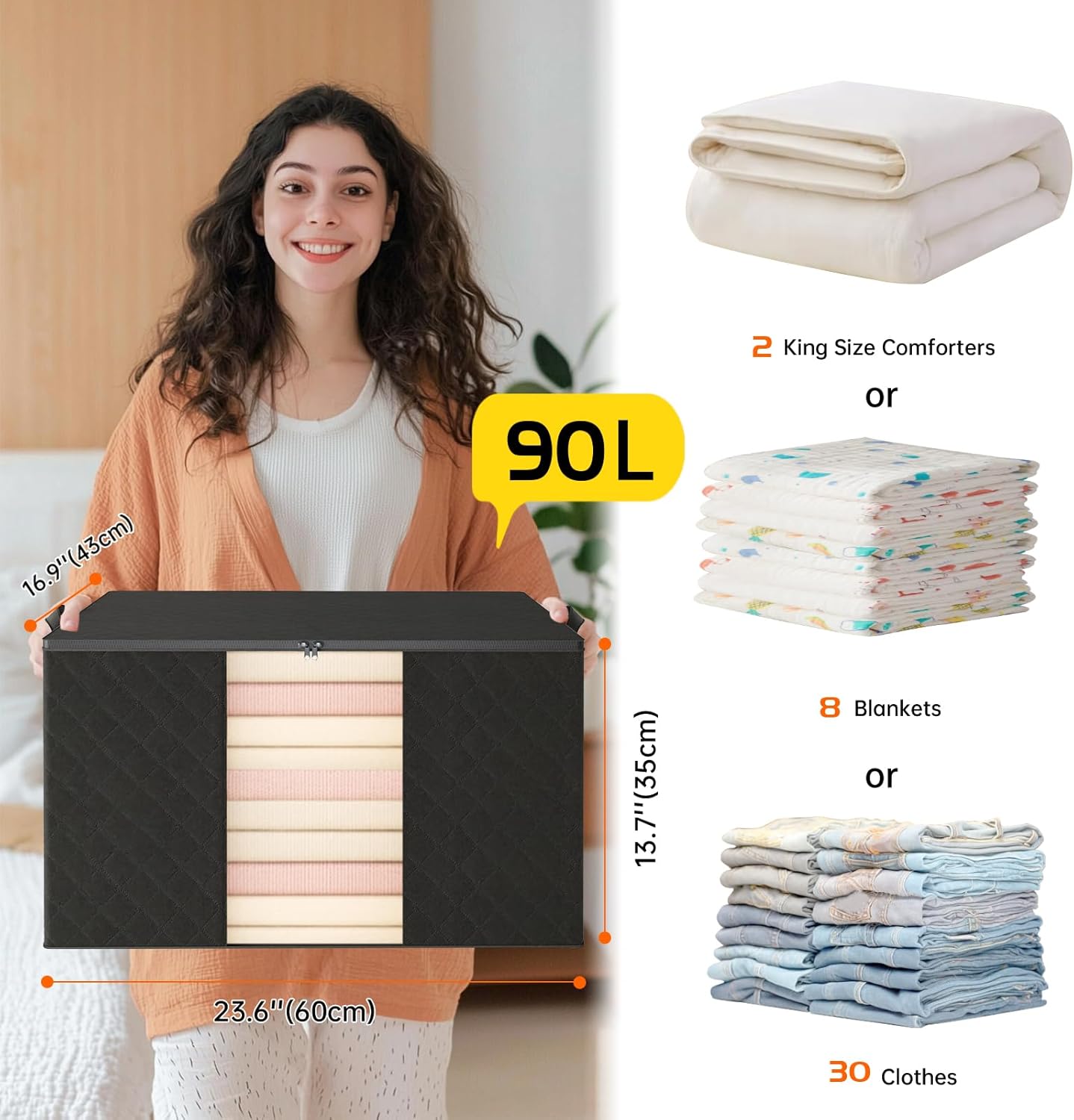 6 Pack Clothes Storage Bags - 90L Blanket Organizers and Storage for Closet Large Storage Bins with Lids and Zipper Storage Containers for King Comforter, Pillow and Sweater (Black, 6 Pack)